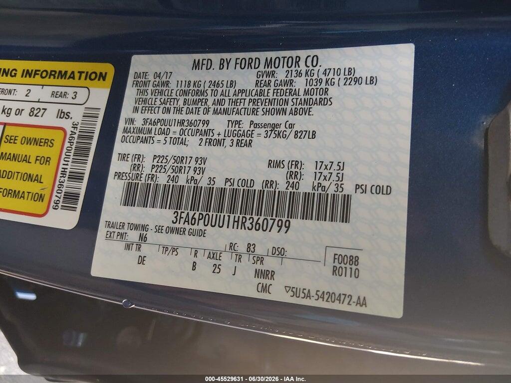 3FA6P0UU1HR360799 2017 FORD FUSION HYBRID photo no. 9
