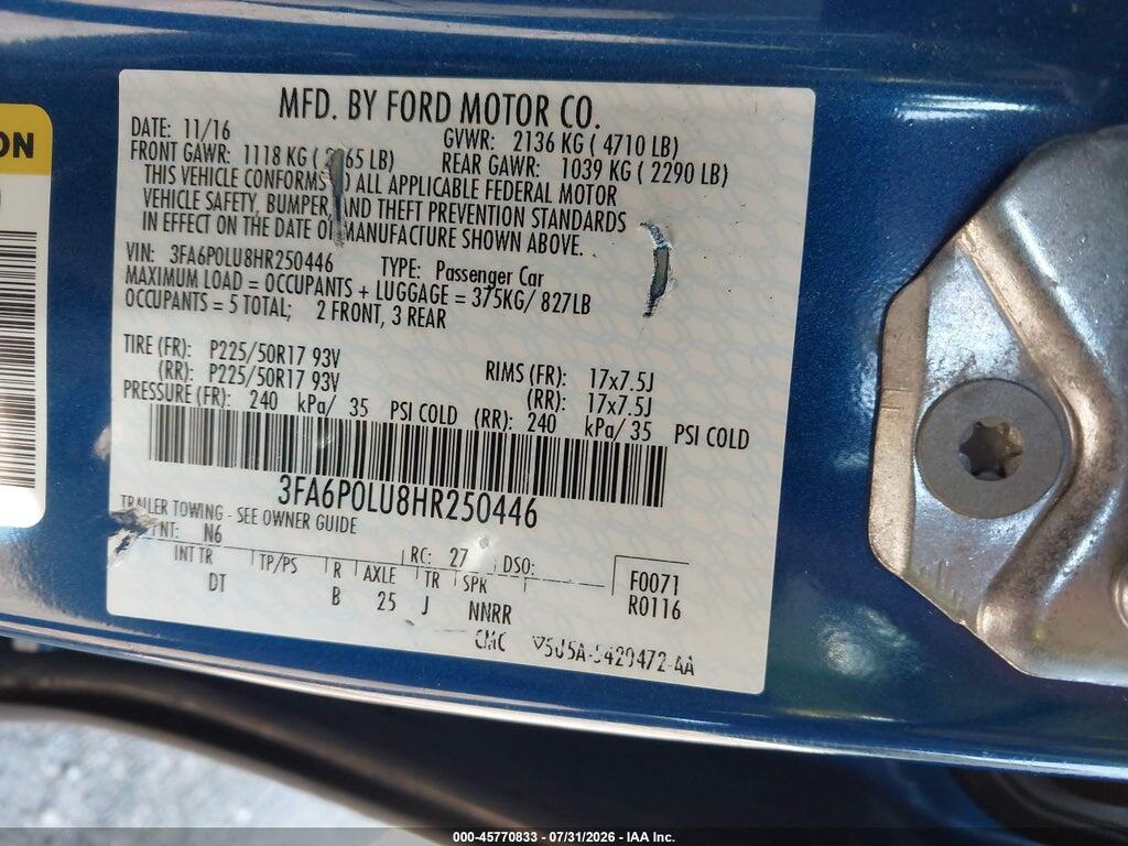 3FA6P0LU8HR250446 2017 FORD FUSION HYBRID photo no. 9