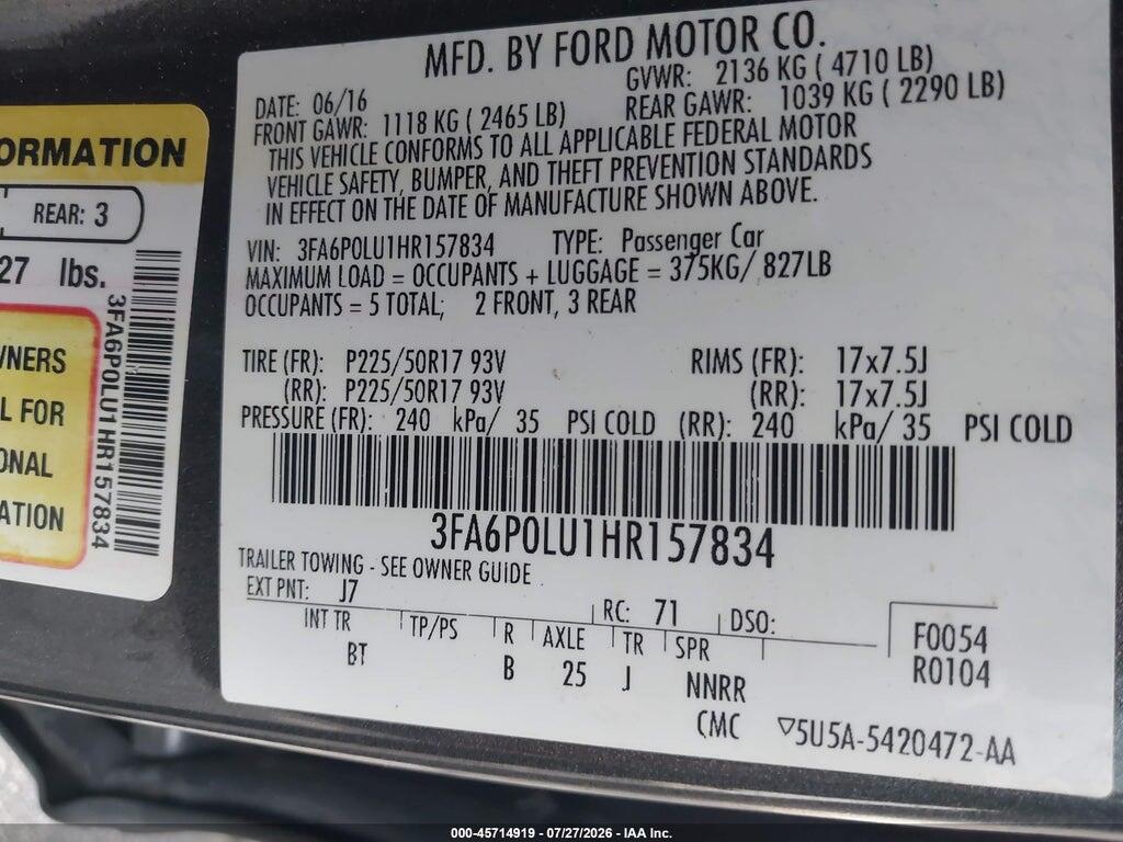 3FA6P0LU1HR157834 2017 FORD FUSION HYBRID photo no. 9