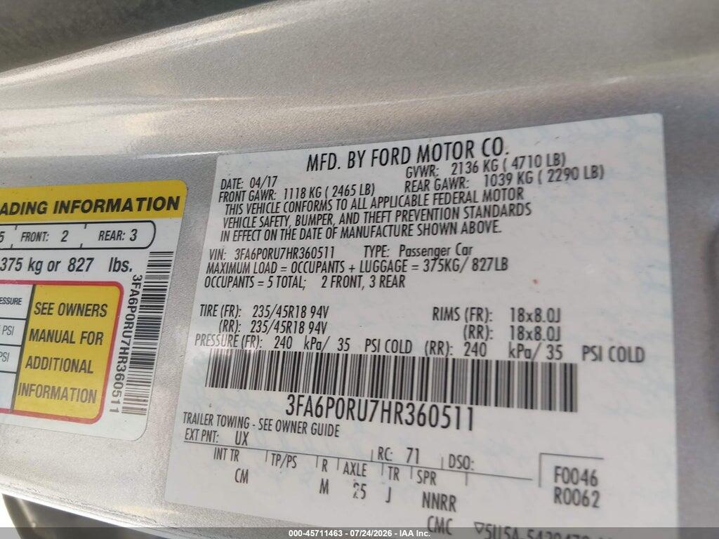 3FA6P0RU7HR360511 2017 FORD FUSION HYBRID photo no. 9