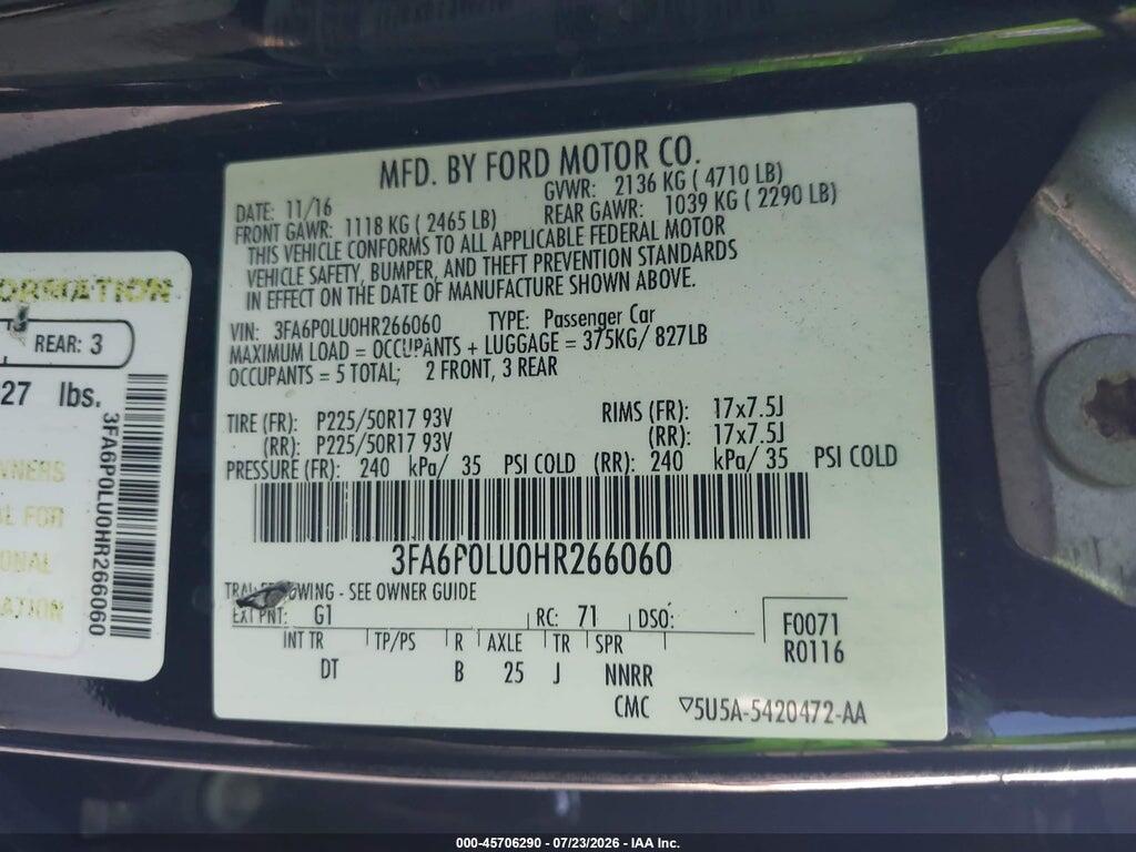 3FA6P0LU0HR266060 2017 FORD FUSION HYBRID photo no. 9