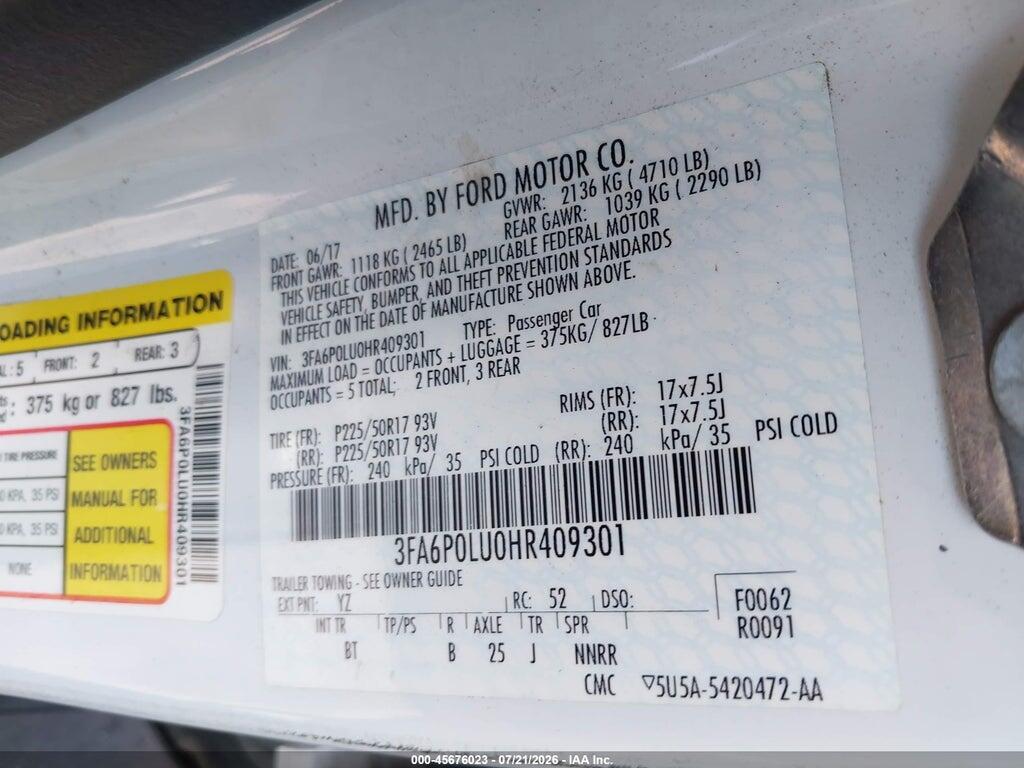 3FA6P0LU0HR409301 2017 FORD FUSION HYBRID photo no. 9