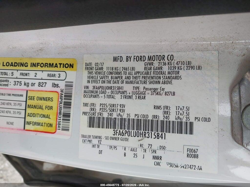 3FA6P0LU0HR315841 2017 FORD FUSION HYBRID photo no. 9
