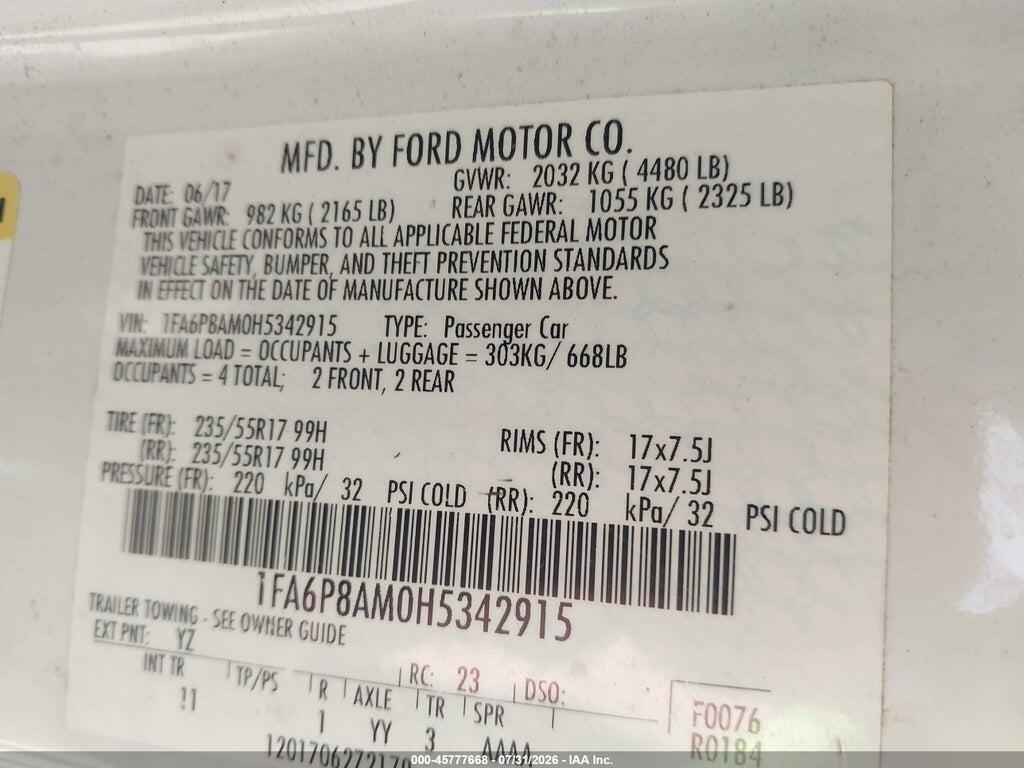 1FA6P8AM0H5342915 2017 FORD MUSTANG photo no. 9