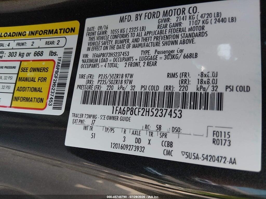 1FA6P8CF2H5237453 2017 FORD MUSTANG photo no. 9