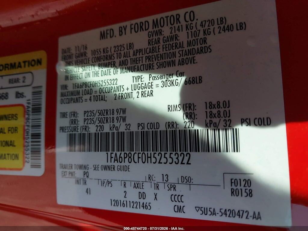 1FA6P8CF0H5255322 2017 FORD MUSTANG photo no. 9