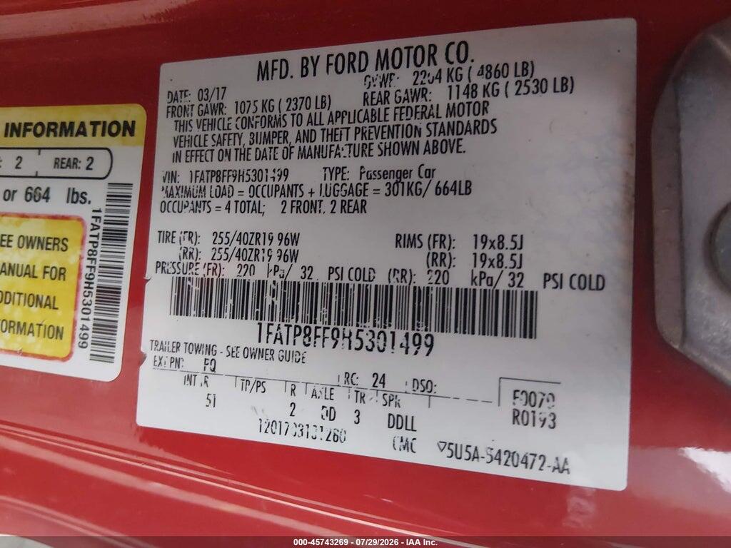 1FATP8FF9H5301499 2017 FORD MUSTANG photo no. 9