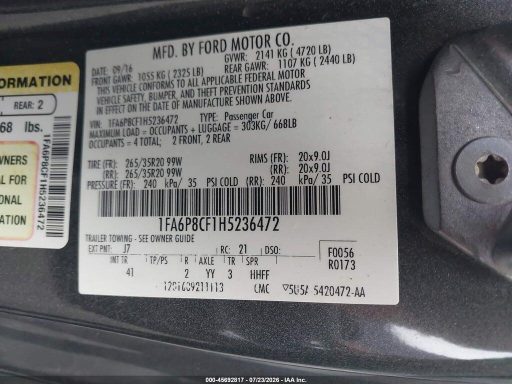 1FA6P8CF1H5236472 2017 FORD MUSTANG photo no. 9
