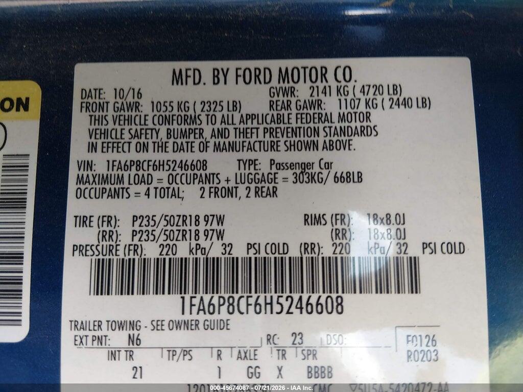 1FA6P8CF6H5246608 2017 FORD MUSTANG photo no. 9