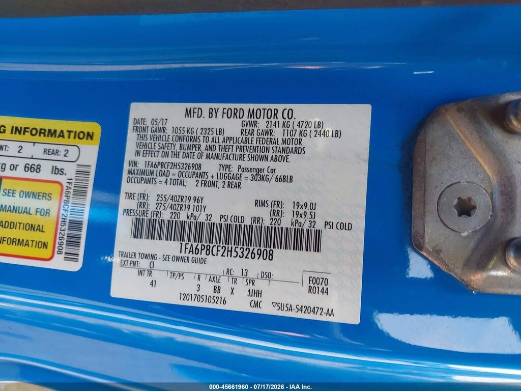 1FA6P8CF2H5326908 2017 FORD MUSTANG photo no. 9