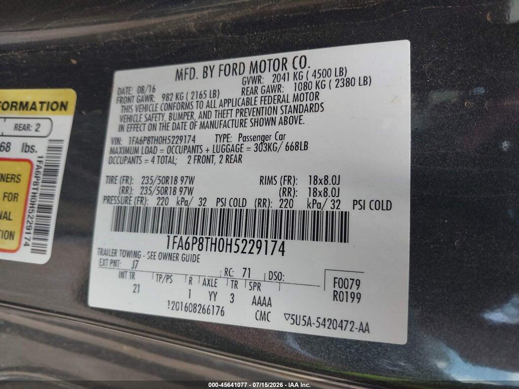 1FA6P8TH0H5229174 2017 FORD MUSTANG photo no. 9