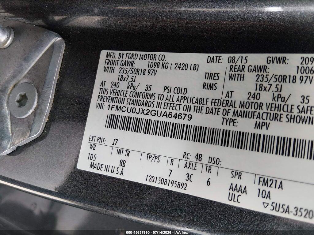 1FMCU0JX2GUA64679 2016 FORD ESCAPE photo no. 9