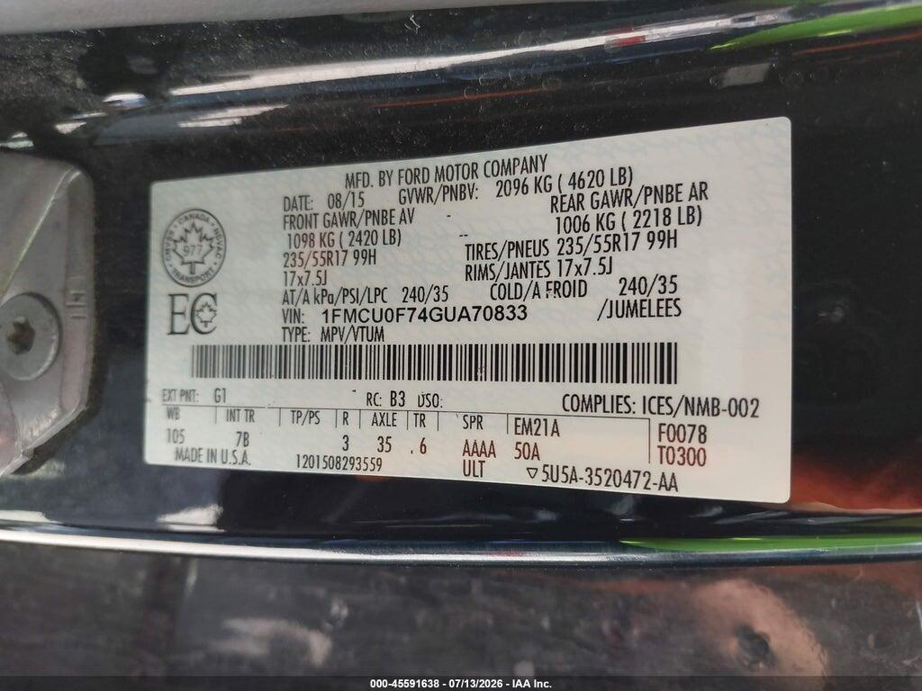 1FMCU0F74GUA70833 2016 FORD ESCAPE photo no. 9