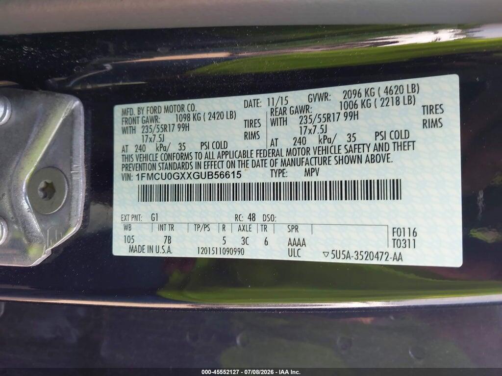 1FMCU0GXXGUB56615 2016 FORD ESCAPE photo no. 9