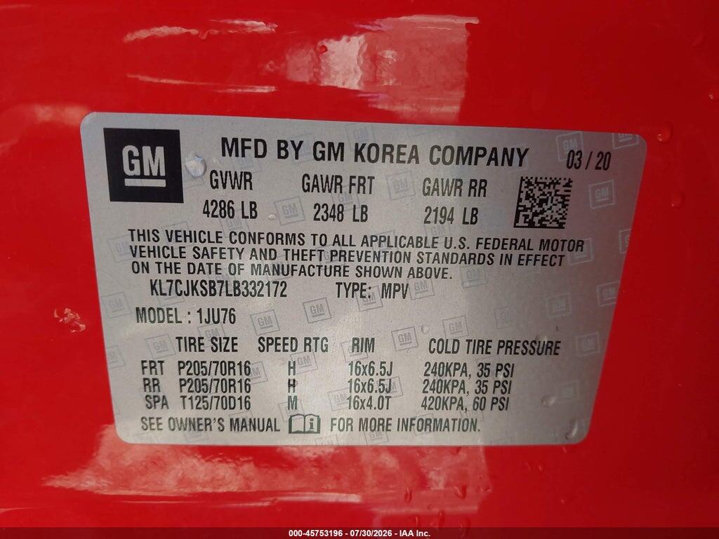 KL7CJKSB7LB332172 2020 CHEVROLET TRAX photo no. 9