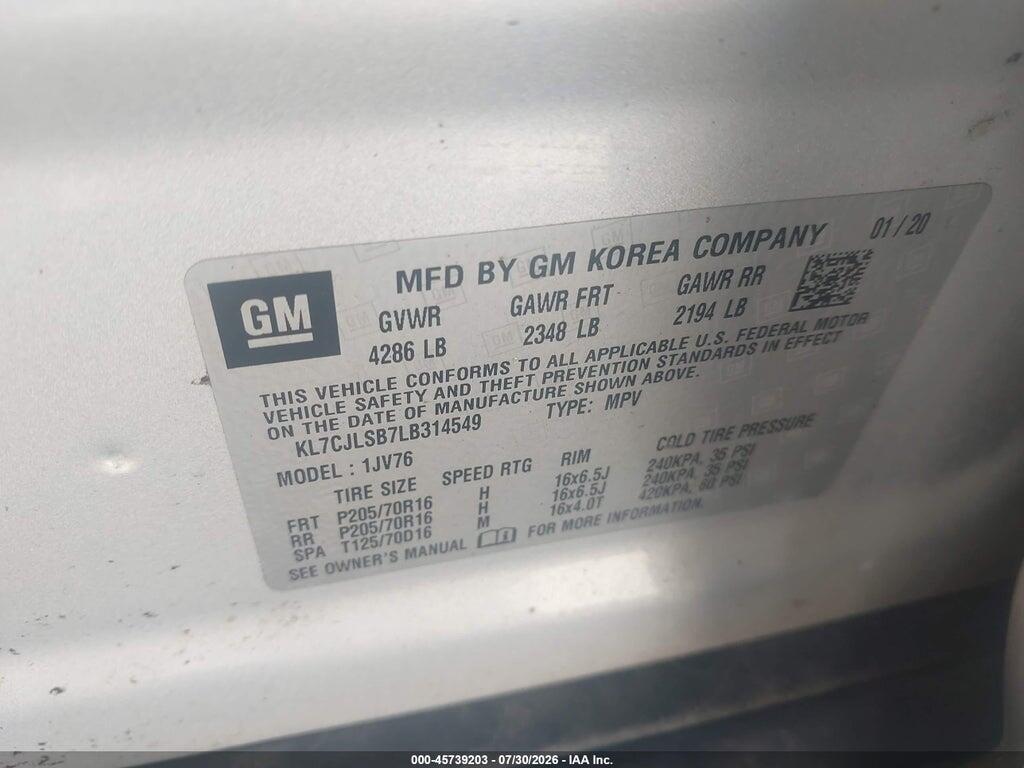 KL7CJLSB7LB314549 2020 CHEVROLET TRAX photo no. 9