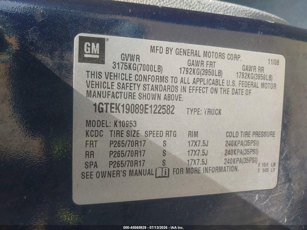 1GTEK19089E122582 2009 GMC SIERRA 1500 photo no. 9