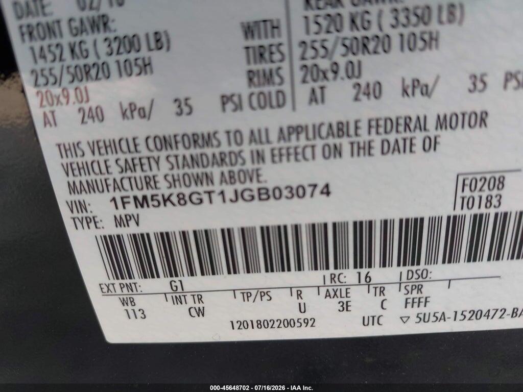 1FM5K8GT1JGB03074 2018 FORD EXPLORER photo no. 9