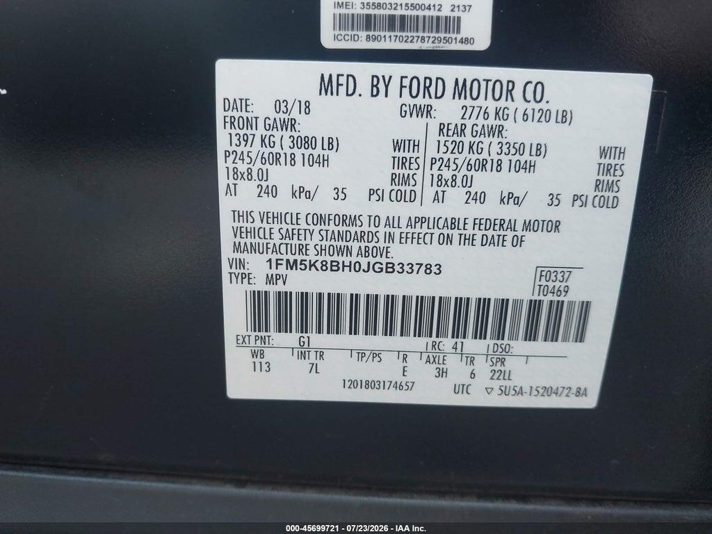 1FM5K8BH0JGB33783 2018 FORD EXPLORER photo no. 9