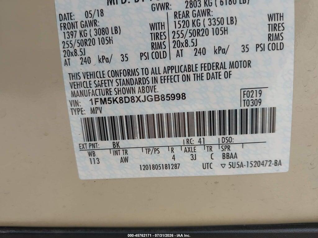 1FM5K8D8XJGB85998 2018 FORD EXPLORER photo no. 9