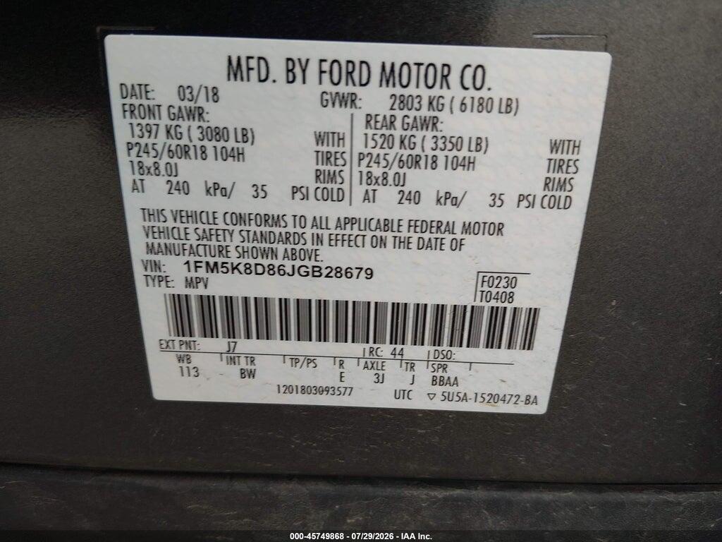 1FM5K8D86JGB28679 2018 FORD EXPLORER photo no. 9