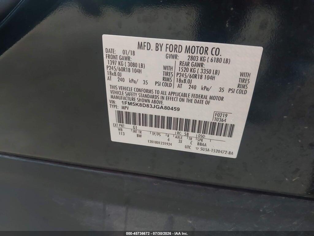 1FM5K8D83JGA80459 2018 FORD EXPLORER photo no. 9