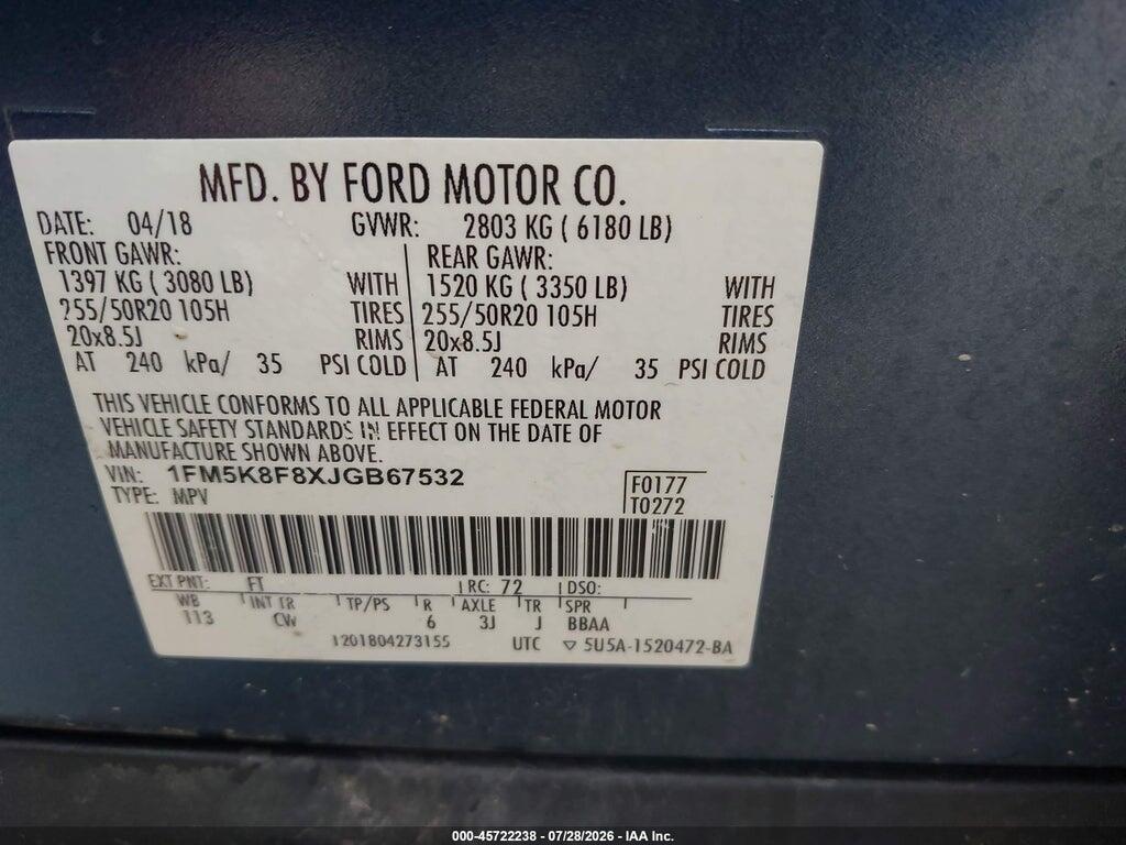 1FM5K8F8XJGB67532 2018 FORD EXPLORER photo no. 9