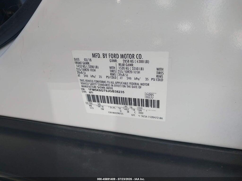 1FM5K8GT9JGB38235 2018 FORD EXPLORER photo no. 9