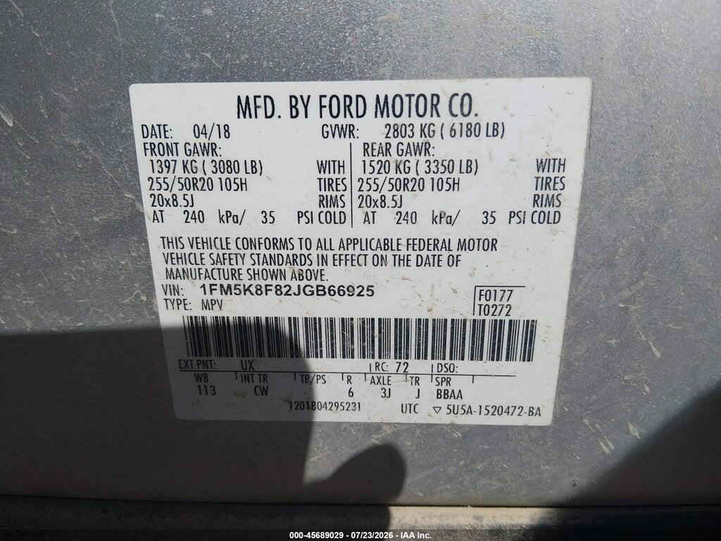 1FM5K8F82JGB66925 2018 FORD EXPLORER photo no. 9