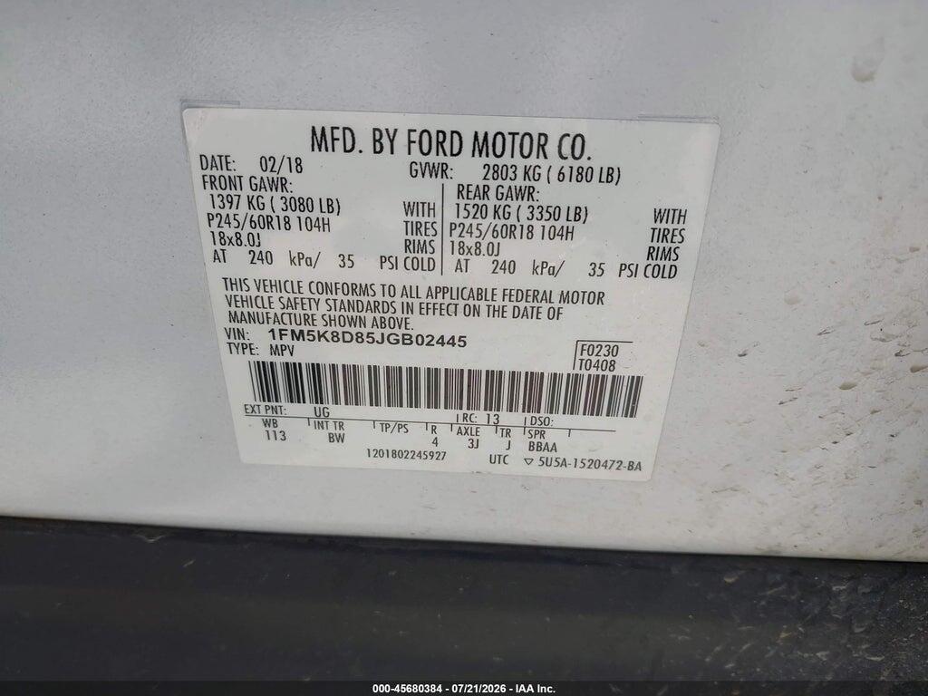 1FM5K8D85JGB02445 2018 FORD EXPLORER photo no. 9