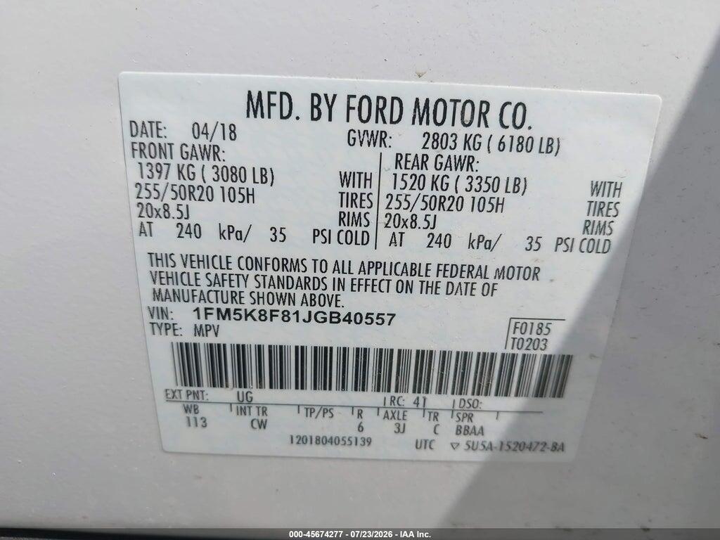 1FM5K8F81JGB40557 2018 FORD EXPLORER photo no. 9
