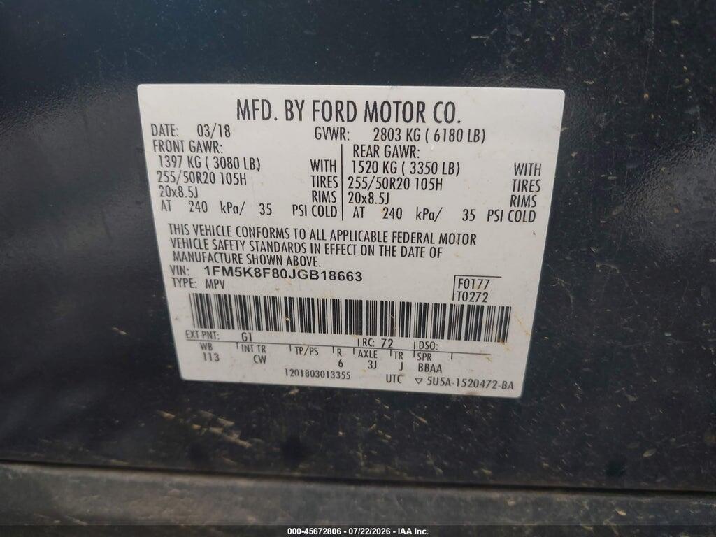1FM5K8F80JGB18663 2018 FORD EXPLORER photo no. 9