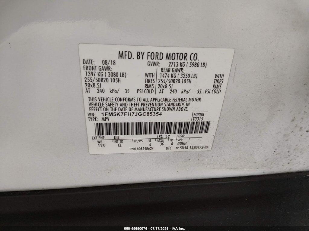 1FM5K7FH7JGC85354 2018 FORD EXPLORER photo no. 9