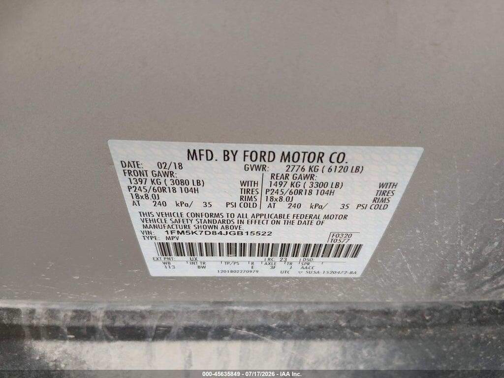 1FM5K7D84JGB15522 2018 FORD EXPLORER photo no. 9
