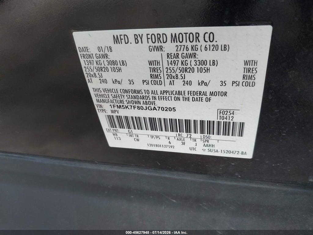 1FM5K7F80JGA70205 2018 FORD EXPLORER photo no. 9
