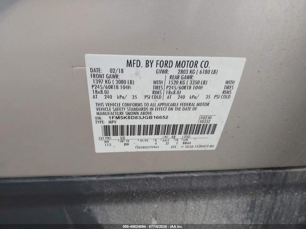 1FM5K8D83JGB16652 2018 FORD EXPLORER photo no. 9