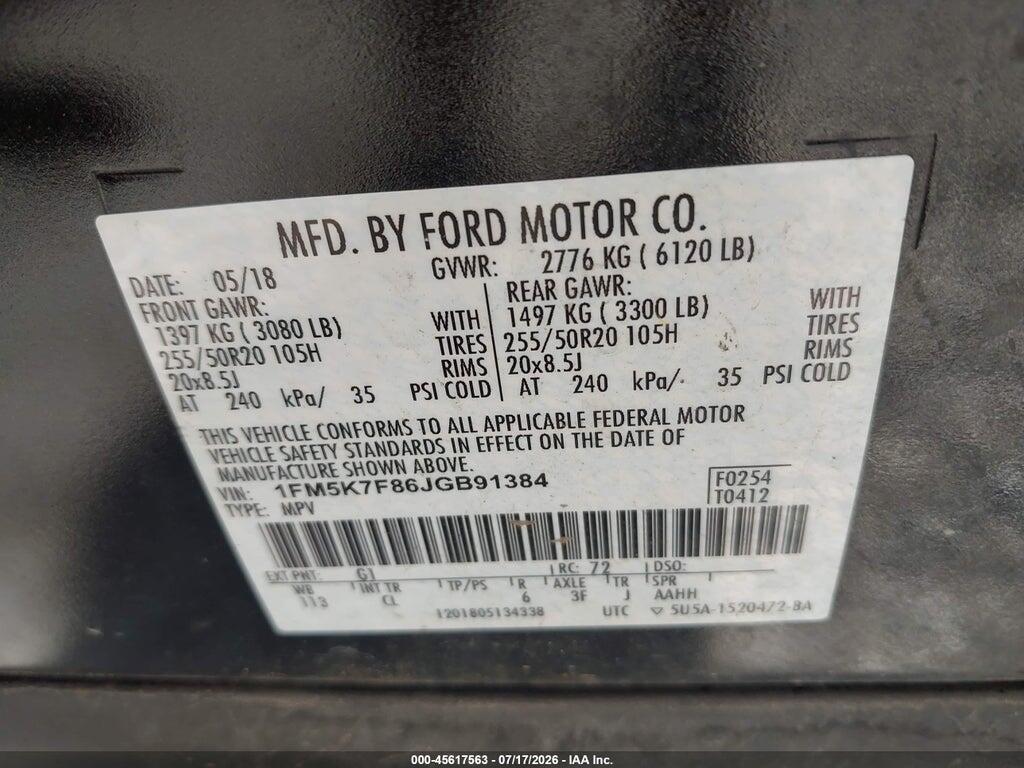1FM5K7F86JGB91384 2018 FORD EXPLORER photo no. 9