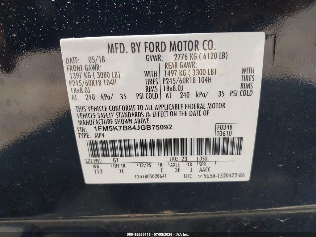 1FM5K7B84JGB75092 2018 FORD EXPLORER photo no. 9