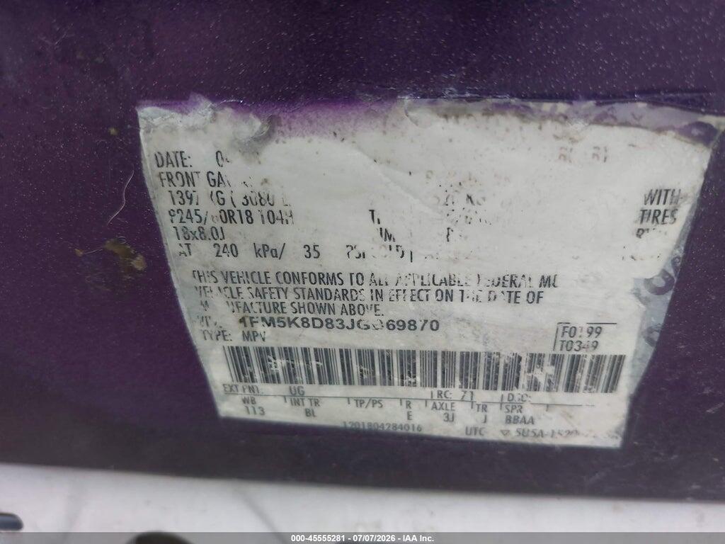 1FM5K8D83JGB69870 2018 FORD EXPLORER photo no. 9