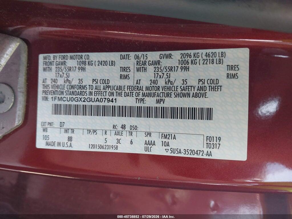 1FMCU0GX2GUA07941 2016 FORD ESCAPE photo no. 9