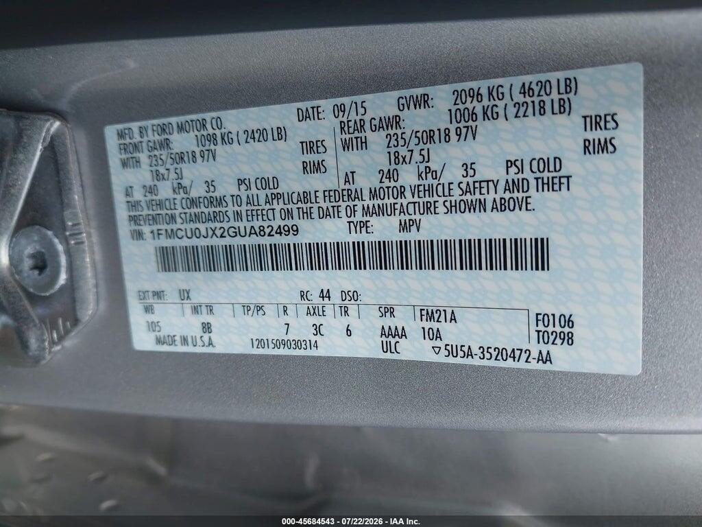 1FMCU0JX2GUA82499 2016 FORD ESCAPE photo no. 9