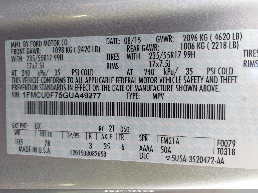 1FMCU0F75GUA49277 2016 FORD ESCAPE photo no. 9