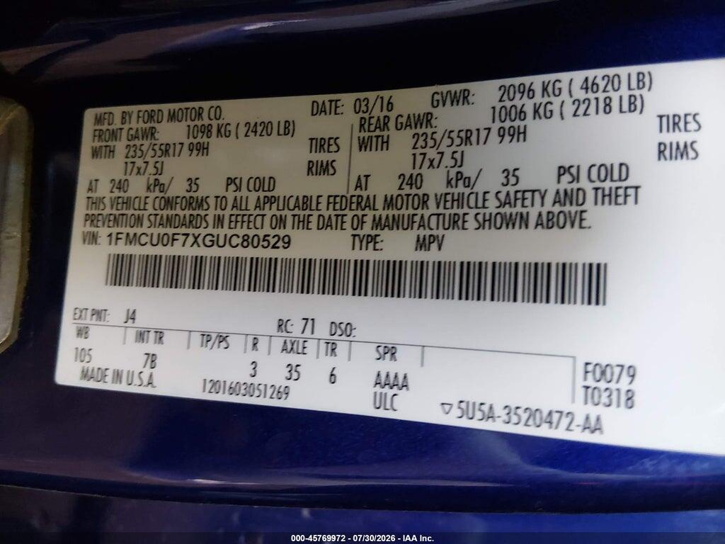 1FMCU0F7XGUC80529 2016 FORD ESCAPE photo no. 9