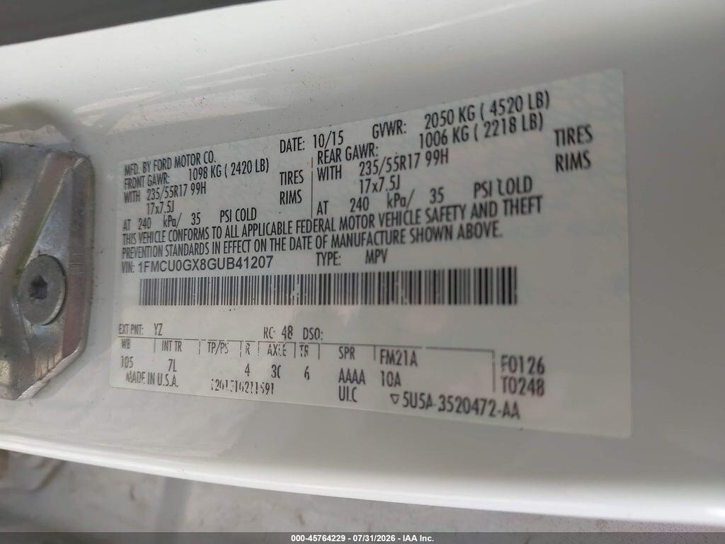 1FMCU0GX8GUB41207 2016 FORD ESCAPE photo no. 9