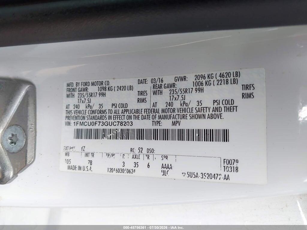 1FMCU0F73GUC78203 2016 FORD ESCAPE photo no. 9