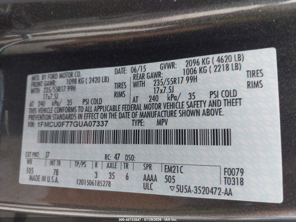 1FMCU0F77GUA07337 2016 FORD ESCAPE photo no. 9