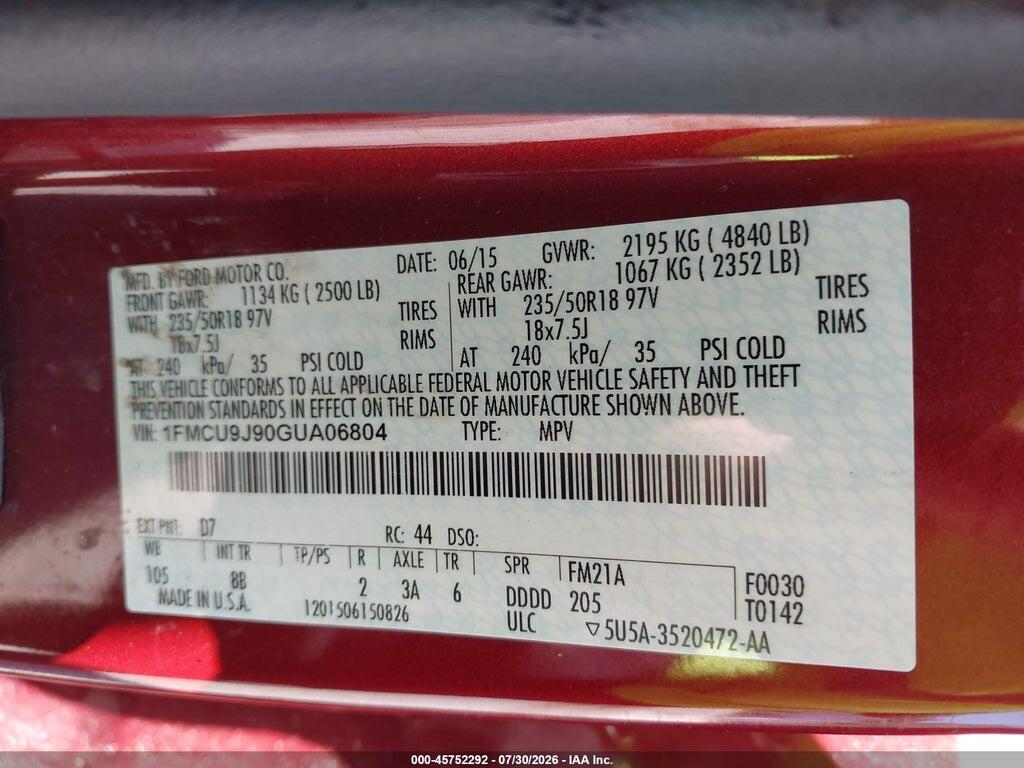 1FMCU9J90GUA06804 2016 FORD ESCAPE photo no. 9