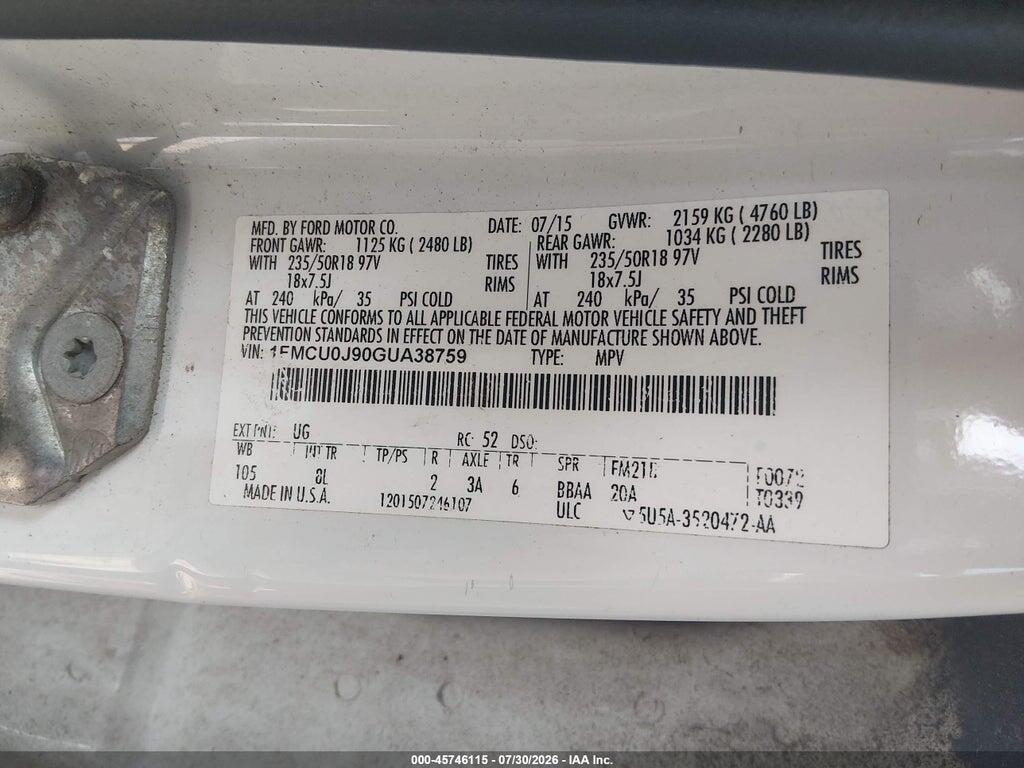1FMCU0J90GUA38759 2016 FORD ESCAPE photo no. 9