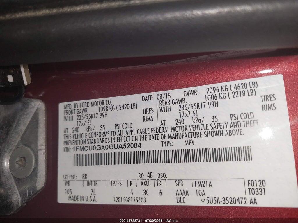 1FMCU0GX0GUA52084 2016 FORD ESCAPE photo no. 9