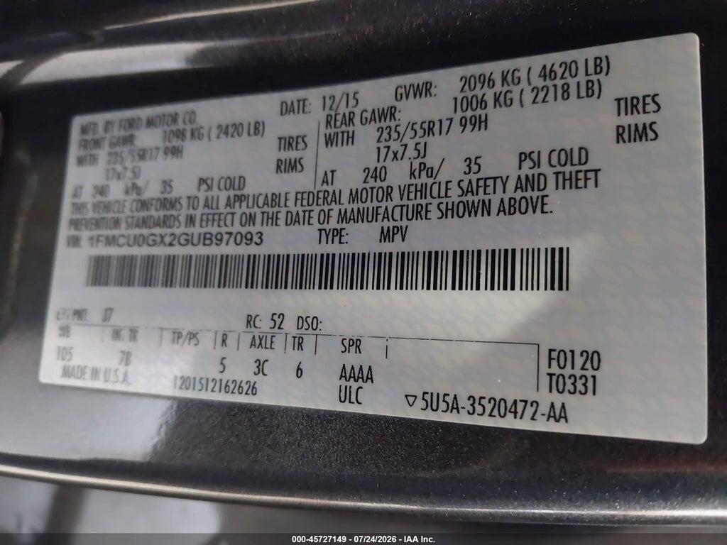 1FMCU0GX2GUB97093 2016 FORD ESCAPE photo no. 9
